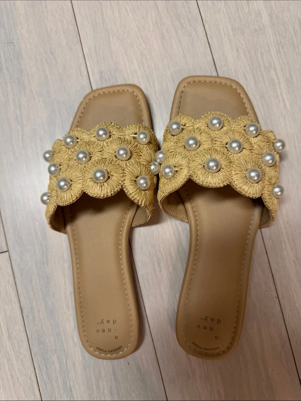 a new day Tan Woven Slide Sandals with Pearl Accents